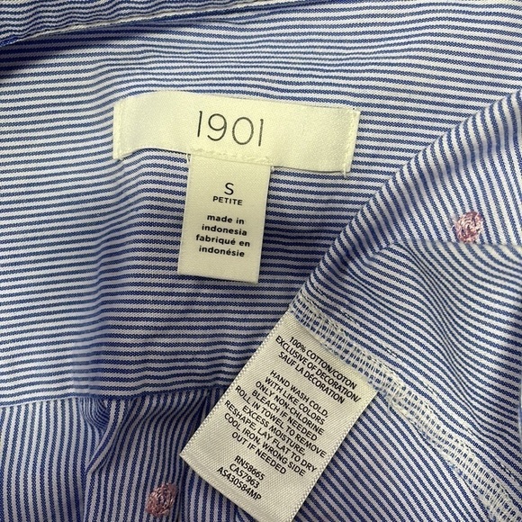 1901 Blue Shirt Top Button Up Stripes Pink Polka Dots Size Small - Picture 10 of 10